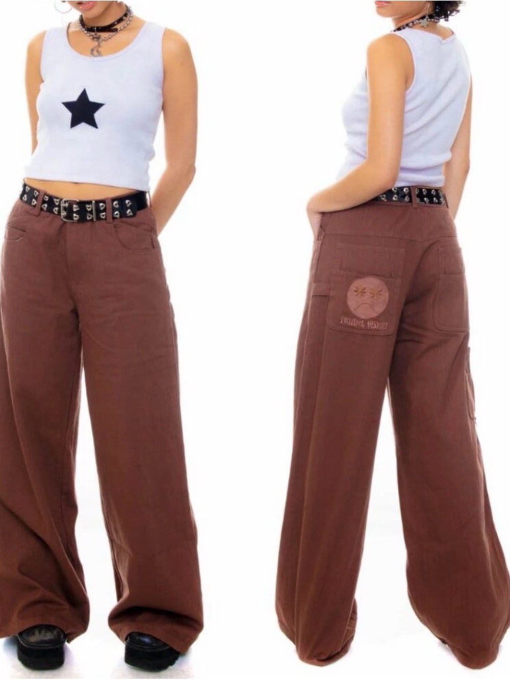 Y2K Style Tunnel Vision Bad Sport Wide Leg Carpenter Pants Brown XS Streetwear